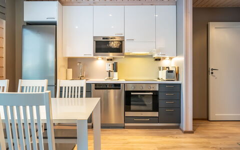 Golfarinkunnas 9A: Furniture, Interior Design, Kitchen, Flooring, Major Appliance, Wood, Kitchen Appliance, Ceiling, Floor, Countertop