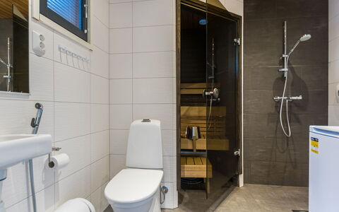 Golfarinkunnas 9D: Toilet Seat, Flooring, Toilet, Plumbing Fixture, Bathroom, Floor, Interior Design, Wall, Wood, Sink