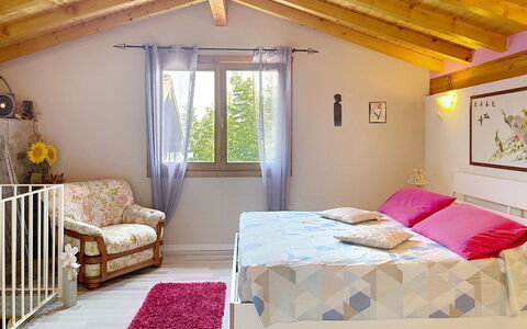 Baita Melissa: Furniture, Interior Design, Bed, Bedroom, Floor, Flooring, Room, Wood, Ceiling, Linens