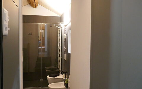 Nido delle Alpi: Wall, Flooring, Interior Design, Plumbing Fixture, Floor, Ceiling, Bathroom, Lighting, Plumbing, Room
