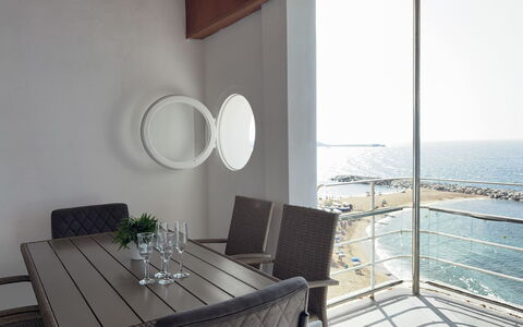 Clara: Furniture, Floor, Sea, Glass, Ocean, Chair, Shade, Kitchen & Dining Room Table, Balcony, Coffee Table