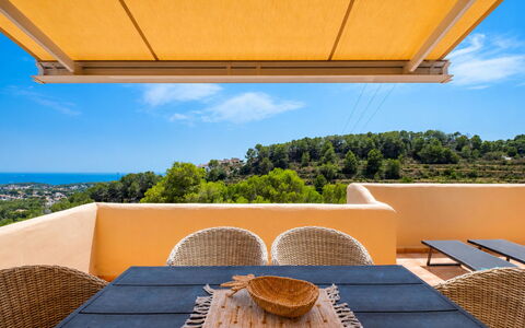 Sol Moraira: Shade, Outdoor Furniture, Chair, Awning, Wood Stain, Eco Hotel, Resort, Balcony, Restaurant, Outdoor Structure
