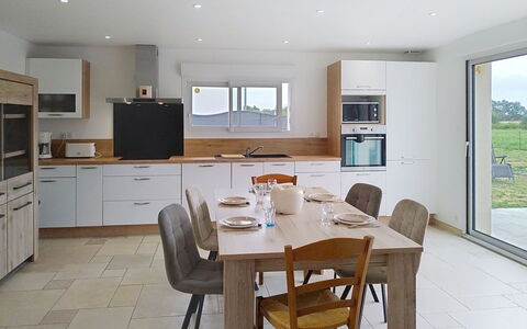 Le Jardin du Calme: Furniture, Kitchen, Flooring, Interior Design, Countertop, Floor, Cabinetry, Wood, Ceiling, Kitchen Appliance