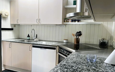 Annalina - 230M from the Sea: Kitchen, Kitchen Appliance, Countertop, Kitchen Sink, Major Appliance, Interior Design, Flooring, Cabinetry, Plumbing Fixture, Tap