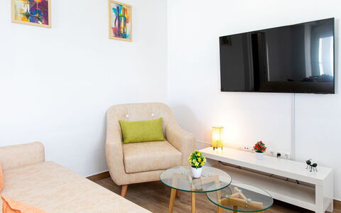 Elvix Nerja Center a: Furniture, Interior Design, Couch, Wall, Flooring, Floor, Living Room, Room, Wood, Home