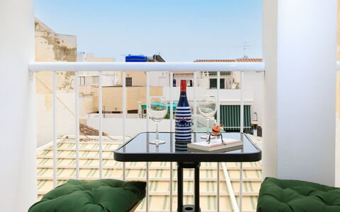Elvix Nerja Center a: Furniture, Chair, Interior Design, Outdoor Furniture, Apartment, Balcony, Outdoor Table, Folding Chair, Wood Stain, Coffee Table