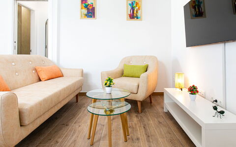 Elvix Nerja Center a: Furniture, Interior Design, Flooring, Couch, Wall, Floor, Wood, Living Room, Room, Wood Flooring