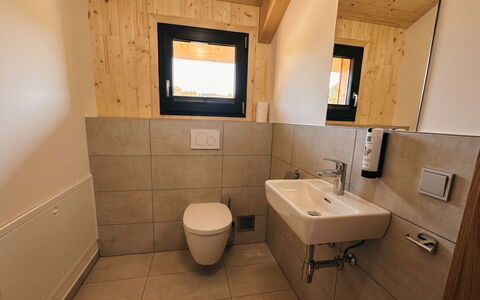 02 Nth055 18F Sup Chalet mit Sauna und Hot Tub 2 e: Wood, Flooring, Floor, Plumbing Fixture, Bathroom, Plumbing, Sink, Bathroom Sink, Toilet, Wood Stain