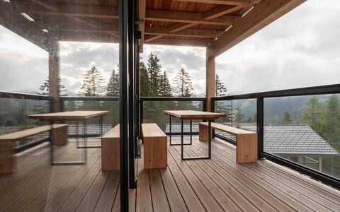 03 Nth032 Deluxe Chalet mit Sauna und Hot Tub: Wood, Wood Flooring, Hardwood, Flooring, Floor, Plank, Wood Stain, Ceiling, Deck, Porch