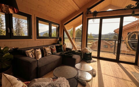 02 Nth056 18G Sup Chalet mit Sauna und Hot Tub 2 e: Wood, Interior Design, Ceiling, Furniture, Living Room, Home, Room, Hardwood, Couch, Wood Flooring