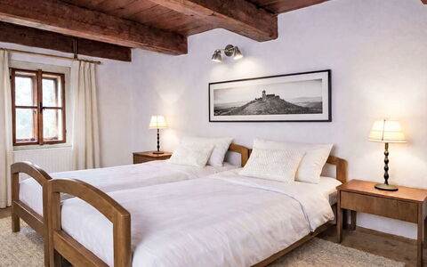 Máchova Roubenka: Bed, Furniture, Interior Design, Bedroom, Flooring, Floor, Wood, Bedding, Ceiling, Bed Sheet