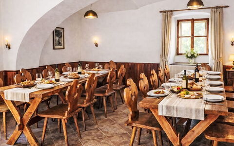 Máchova Roubenka: Furniture, Interior Design, Kitchen & Dining Room Table, Table, Ceiling, Flooring, Restaurant, Cottage, Dining Room, Chair