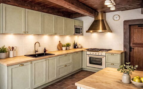 Máchova Roubenka: Kitchen, Kitchen Appliance, Countertop, Cabinetry, Flooring, Wood, Major Appliance, Interior Design, Furniture, Kitchen Stove