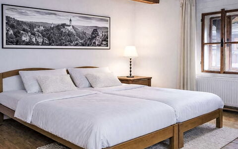 Máchova Roubenka: Bed, Furniture, Bedroom, Bedding, Bed Sheet, Interior Design, Wood, Floor, Flooring, Linens