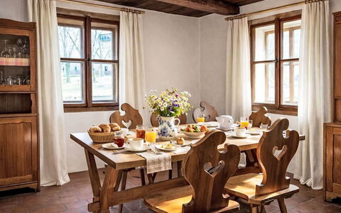 Máchova Roubenka: Furniture, Wood, Table, Interior Design, Flooring, Kitchen & Dining Room Table, Chair, Dining Room, Wood Stain, Floor