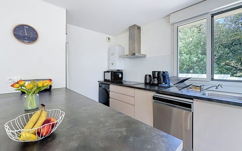 Les Sylphes: Kitchen, Countertop, Furniture, Interior Design, Kitchen Appliance, Flooring, Home, Major Appliance, Cabinetry, Kitchen Sink