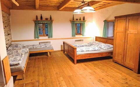 U Kazíků: Wood, Flooring, Interior Design, Floor, Furniture, Bed, Bedroom, Ceiling, Room, Wood Flooring