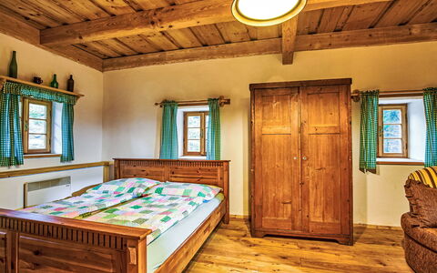 U Kazíků: Wood, Interior Design, Bedroom, Furniture, Bed, Home, Ceiling, Wood Stain, Hardwood, Floor