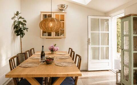 Bine - 200M from the Sea: Furniture, Interior Design, Flooring, Table, Wood, Chair, Floor, Kitchen & Dining Room Table, Dining Room, Light Fixture