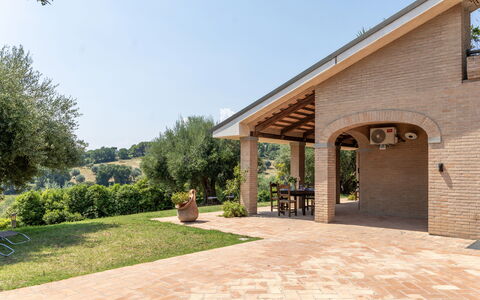 Villa Althea: Brick, Shade, Flagstone, Garden, Estate, Hacienda, Farmhouse, Outdoor Structure, Landscaping, Flowerpot