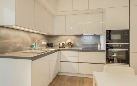 Smichov Kosire Jinonice 1: Kitchen, Countertop, Kitchen Appliance, Cabinetry, Interior Design, Wood, Flooring, Major Appliance, Furniture, Ceiling