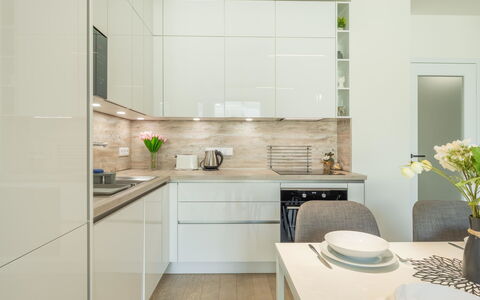 Smichov Kosire Jinonice 1: Countertop, Kitchen, Kitchen Appliance, Furniture, Cabinetry, Interior Design, Flooring, Wood, Home, Major Appliance