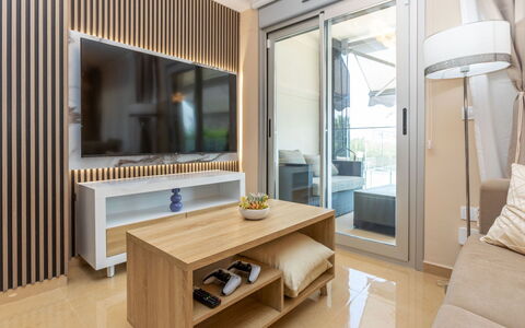 Sol Y Mar i: Furniture, Interior Design, Electronic Device, Flooring, Wood, Television, Floor, Ceiling, Living Room, Television Set