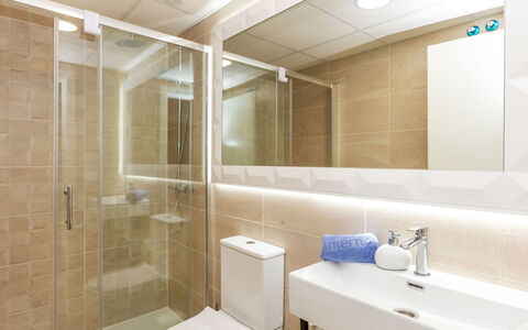 Sol Y Mar i: Flooring, Floor, Interior Design, Plumbing Fixture, Bathroom, Ceiling, Toilet, Plumbing, Tile, Bathroom Cabinet