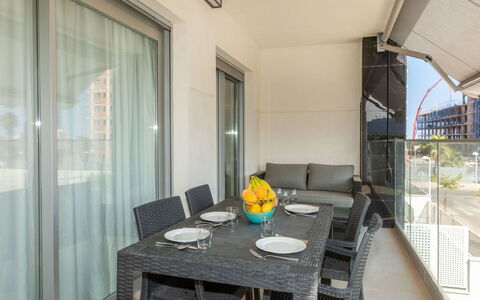 Sol Y Mar i: Furniture, Flooring, Interior Design, Floor, Apartment, Chair, Kitchen & Dining Room Table, Glass, Condominium, Balcony