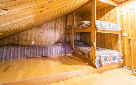 Nelostupa D: Wood, Floor, Ceiling, Flooring, Interior Design, Wood Stain, Room, Hardwood, Cottage, Bedroom