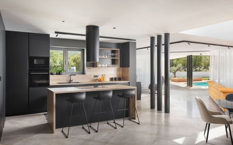 Villa H2: Furniture, Interior Design, Flooring, Kitchen, Floor, Countertop, Chair, Kitchen & Dining Room Table, Ceiling, Light Fixture