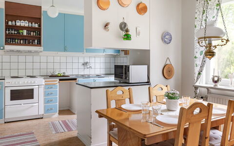 Villa Fröseke: Furniture, Kitchen, Kitchen Appliance, Interior Design, Cabinetry, Countertop, Flooring, Wood, Light Fixture, Major Appliance