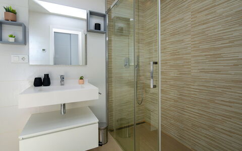 Arenal Beach: Bathroom, Interior Design, Flooring, Plumbing Fixture, Bathroom Sink, Wall, Floor, Mirror, Sink, Bathroom Cabinet