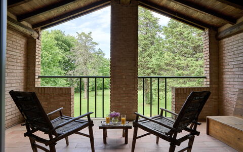 Casa Mancini, Holiday Villa, San Galgano: Wood, Furniture, Interior Design, Porch, Chair, Wood Stain, Hardwood, Outdoor Furniture, Shade, Ceiling