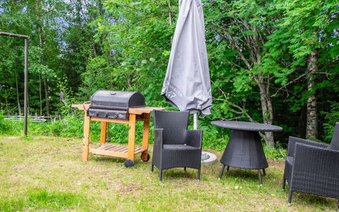 Heinävesi Homes D1: Furniture, Outdoor Furniture, Chair, Outdoor Table, Garden, Backyard, Wood Stain, Shade, Barbecue