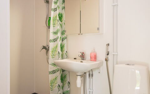 Heinävesi Homes D6: Plumbing Fixture, Bathroom, Interior Design, Toilet, Toilet Seat, Shower Curtain, Floor, Plumbing, Room, Curtain