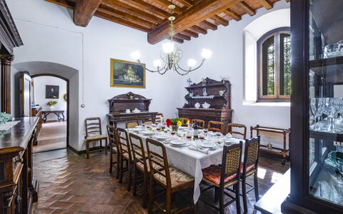 Torre di Paciano 10+2: Furniture, Interior Design, Table, Flooring, Wood, Ceiling, Dining Room, Kitchen & Dining Room Table, Chair, Floor