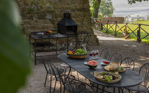 Torre di Paciano 10+2: Furniture, Outdoor Furniture, Table, Chair, Outdoor Table, Garden, Flagstone, Backyard, Shade, Kitchen & Dining Room Table