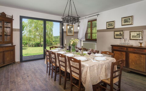 Villa Augusto 10: Furniture, Interior Design, Table, Wood, Dining Room, Chair, Kitchen & Dining Room Table, Ceiling, Room, Lighting
