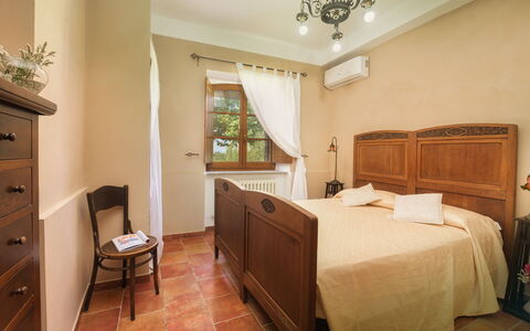 Villa Augusto 10: Furniture, Bed, Interior Design, Bedroom, Flooring, Wood, Floor, Ceiling, Bed Sheet, Bedding