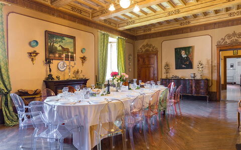 Villa Lemura 16+4: Chair, Kitchen & Dining Room Table, Wood Flooring, Dining Room, Houseplant, Hall, Restaurant, Hotel, Chandelier, Tablecloth