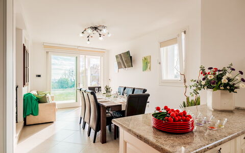 Villa Sanssouci 8: Furniture, Interior Design, Flooring, Table, Kitchen & Dining Room Table, Chair, Dining Room, Room, Lighting, Ceiling