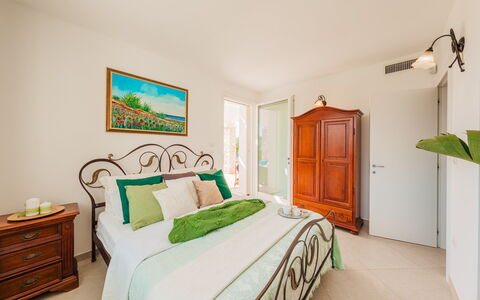 Villa Sanssouci 8: Furniture, Interior Design, Flooring, Bed, Floor, Bedroom, Wood, Ceiling, Room, Bed Sheet