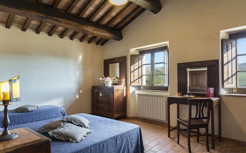 Podere Collelungo 14: Furniture, Wall, Home, Interior Design, Flooring, Room, Ceiling, Bedroom, Bed, Floor