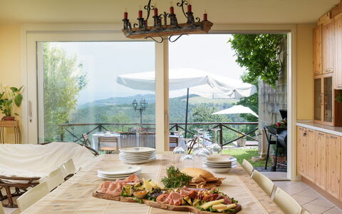 Villa Vittoria D'Anghiari 7+3: Furniture, Chair, Table, Interior Design, Kitchen & Dining Room Table, Ceiling, Dining Room, Room, Tablecloth, Shade