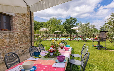 Podere Bagnolo 8: Furniture, Table, Outdoor Furniture, Garden, Outdoor Table, Chair, Kitchen & Dining Room Table, Lawn, Tablecloth, Linens