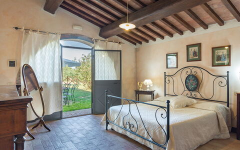 Podere Bagnolo 8: Furniture, Bed, Bed Frame, Bedroom, Lamp, Houseplant, Chair, Hotel, Villa, Bedding