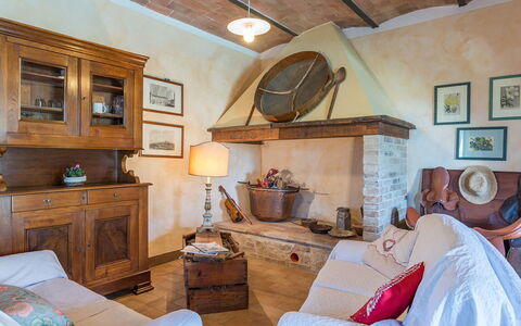 Podere Bagnolo 8: Furniture, Interior Design, Wall, Wood, Flooring, Room, Chair, Table, Lighting, Living Room
