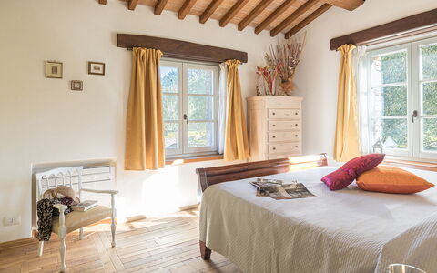 La Villetta di Dante 6: Furniture, Bed, Interior Design, Bedroom, Wall, Flooring, Floor, Wood, Room, Bedding