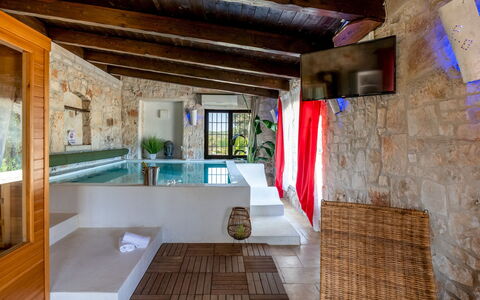 Trulli Littoria 4: Furniture, Wall, Flooring, Swimming Pool, Interior Design, Floor, Resort, Architecture, Lighting, Chair